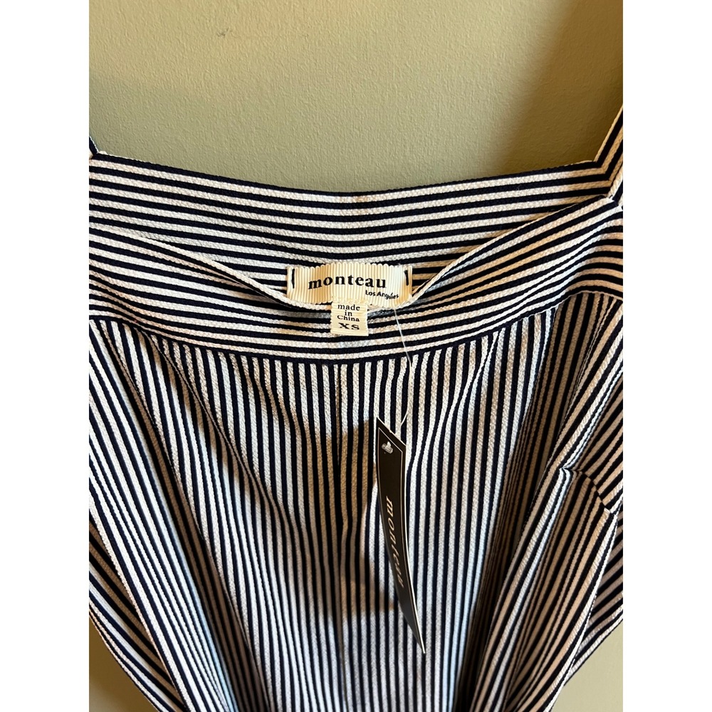 Monteau Los Angeles Striped Ruffle Sleeve Wide Leg Jumpsuit Navy White XS NEW - Picture 2 of 4